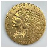 1909 $5 Gold Indian Head Half Eagle Coin.