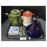 Coffee Pots, Cobalt Blue Glass Bottle, Flatware. Coffee Pots, Cobalt Blue Glass Bottle, Flatware.