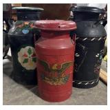 (3) FolkArt Hand Painted Steel Milk Jugs. (3) FolkArt Hand Painted Steel Milk Jugs.