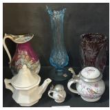 Swung Glass Vase, Tea Pot, Pitcher, Vases. Swung Glass Vase, Tea Pot, Pitcher, Vases.