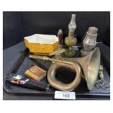 Antique Brass Car Horn, Oil Lamps. Antique Brass Car Horn, Oil Lamps.
