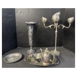 Sliver Plated Vase, Candelabra & Tea Set. Sliver Plated Vase, Candelabra & Tea Set.