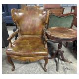Vtg Winged Leather Armchair, Oak Parlor Table. Vtg Winged Leather Armchair, Oak Parlor Table.