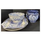 Blue Decorated Vase, Platter, Scalloped Edge Bowl. Blue Decorated Vase, Platter, Scalloped Edge Bowl.