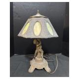 Cherub Themed Lamp W/Stag Stained Glass Shade. Cherub Themed Lamp W/Stag Stained Glass Shade.