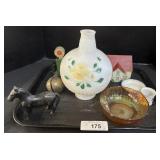 Glass Shade, Carnival Glass, Cast Iron Horse. Glass Shade, Carnival Glass, Cast Iron Horse.
