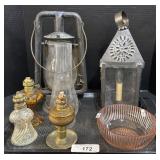 Lanterns, Oil Lamps, Pink Depression Bowl. Lanterns, Oil Lamps, Pink Depression Bowl.