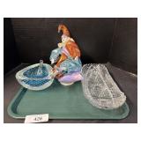Crystal Dish, Porcelain Jester Doll, Mortar & Crystal Dish, Porcelain Jester Doll, Mortar &