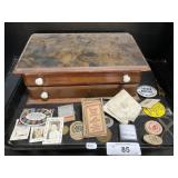 Jewelry Box, Advertising Pins, Vintage Photos. Jewelry Box, Advertising Pins, Vintage Photos.
