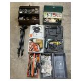 Tools, Drills, Fishing Tackle Boxes, Tripod. Tools, Drills, Fishing Tackle Boxes, Tripod.