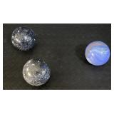 3 Lrge Glass Marbles- Swirl & 2 Painted. 3 Lrge Glass Marbles- Swirl & 2 Painted.