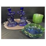 Candlestick Holders, Green Depression Glass, Tray. Candlestick Holders, Green Depression Glass, Tray.