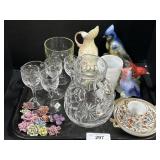 Bird Figures, Pottery Flowers, Crystal Pitcher. Bird Figures, Pottery Flowers, Crystal Pitcher.