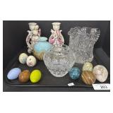 Cut Glass Pitcher & Vase, Candlestick Holders, Egg Cut Glass Pitcher & Vase, Candlestick Holders, Egg