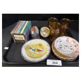 Peafowl Spatterware Plate, Amber Glasses. Peafowl Spatterware Plate, Amber Glasses.