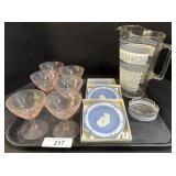 Jasperware Plates, 6 Pink Depression Glasses. Jasperware Plates, 6 Pink Depression Glasses.