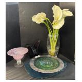 Pink Swirl Pedestal Bowl, Hand Blown Bowl, Vase. Pink Swirl Pedestal Bowl, Hand Blown Bowl, Vase.