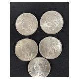 5 90% Silver 1923, 1928 Peace Dollars. 5 90% Silver 1923, 1928 Peace Dollars.