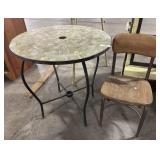 Wrought Iron Mosaic Table, Ornate Oak Side Chair. Wrought Iron Mosaic Table, Ornate Oak Side Chair.