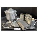 Silver Colored Crock, 4 Pewter Mugs. Silver Colored Crock, 4 Pewter Mugs.