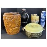 Carved Vase, Glass Growler, Hall Pottery. Carved Vase, Glass Growler, Hall Pottery.