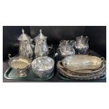 Silver Plate Tea Pots, Platters, Pedestal Bowls. Silver Plate Tea Pots, Platters, Pedestal Bowls.