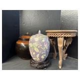 Floral/ Wood Lidded Urn, Carved Three Legged Stand Floral/ Wood Lidded Urn, Carved Three Legged Stand