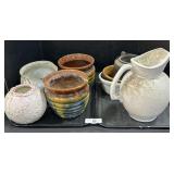 Various Stoneware Planters & Cast Iron Kettle. Various Stoneware Planters & Cast Iron Kettle.