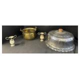 Cake Safe, Stone Double Handled Vases, Brass Pot. Cake Safe, Stone Double Handled Vases, Brass Pot.
