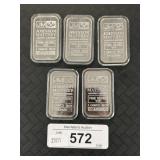 5 - 1 Troy Oz Fine Silver Johnson Matthey Bars. 5 - 1 Troy Oz Fine Silver Johnson Matthey Bars.