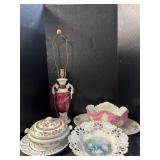 Swan Dish, Lamp, Floral Lidded Dish. Swan Dish, Lamp, Floral Lidded Dish.