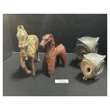 Carved Wooden Horse, Owl Figures, Horse Figure. Carved Wooden Horse, Owl Figures, Horse Figure.