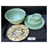 Fire King Jadite Glass & Folk Art Plate. Fire King Jadite Glass & Folk Art Plate.