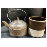 Copper Tea Pot, Stoneware Crock Container.