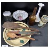 Wooden Kitchen Utensils, Vases, Porcelain Bowl.