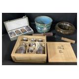 2 Singing Bowls, Tea Ceremony Set, Enameled Jars.