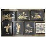 7 Framed Reed And Sewn Art On Canvas.