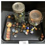Kokeshi Wooden Doll, Variety of Glass Marbles.