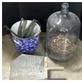 Large Carboy Bottle, Enamelware Pail, Scoop.
