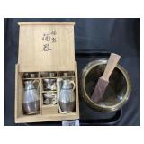 Tin Sake Bottle Set, Singing Bowl w/ Strike.