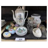 Floral Teapot, Vase, Wooden Painted Eggs.