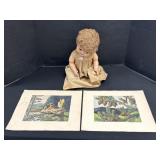 Vintage Toodles Doll & 2 Art Prints.