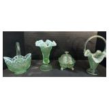 Fenton Art Glass Basket/Lidded Dish/Vases.