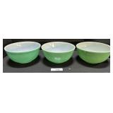 3 Various Green Pyrex Nesting Mixing Bowls.