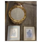 Golden Gilded Wall Mirror, (2) Framed Floral