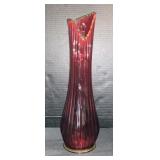 Large Amberina Red Ribbed Swung Vase.