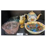 Art Glass Bowl, Noritake Japan Tea Pot, Shaker.