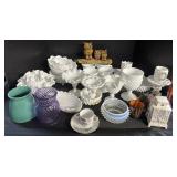 Milk Glass Dinnerware, Glass Vases, Table Decor.