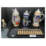 3 German Beer Steins & Soroban.
