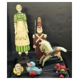 Hand Carved Wood Figures & Duck Pull Toy.
